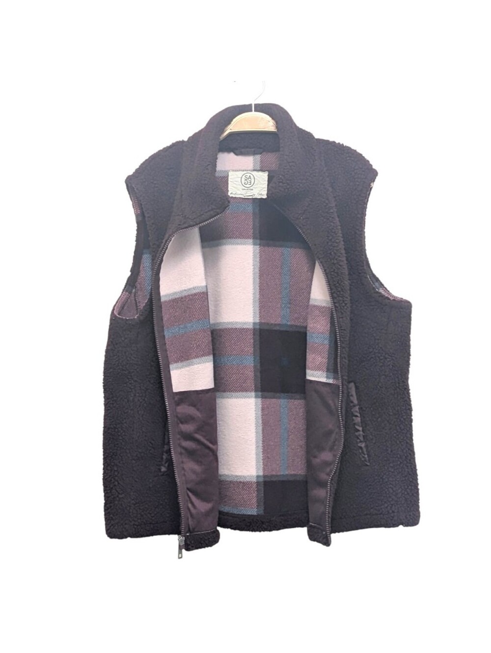 SAGE Collective Burgundy Fleece Cozy Plaid Lined  Sleeveless Vest XL - Picture 3 of 9